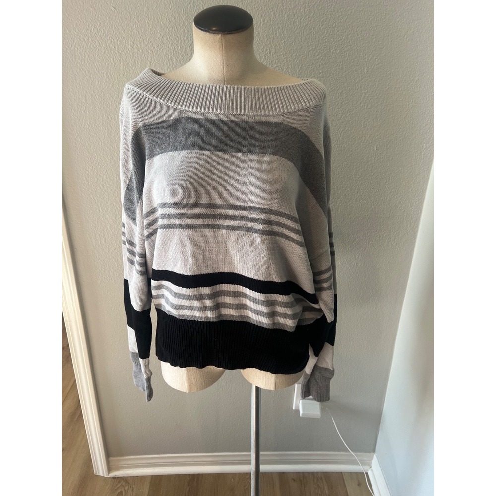 Lucky Brand Women L/G Striped Boat Neck Sweater Gray Black Oversized Pullover